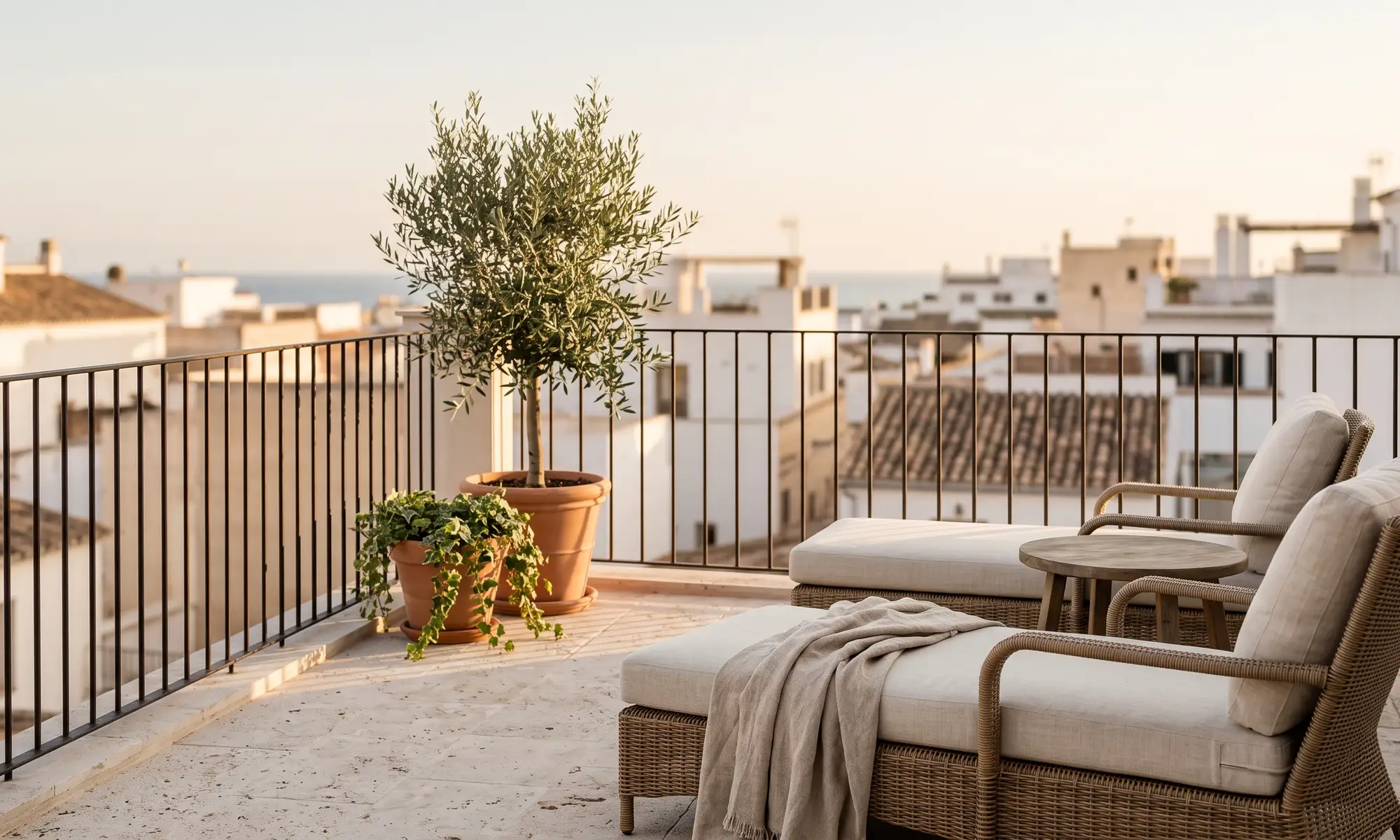 Terraza de ático mediterráneo con vistas a un pueblo costero