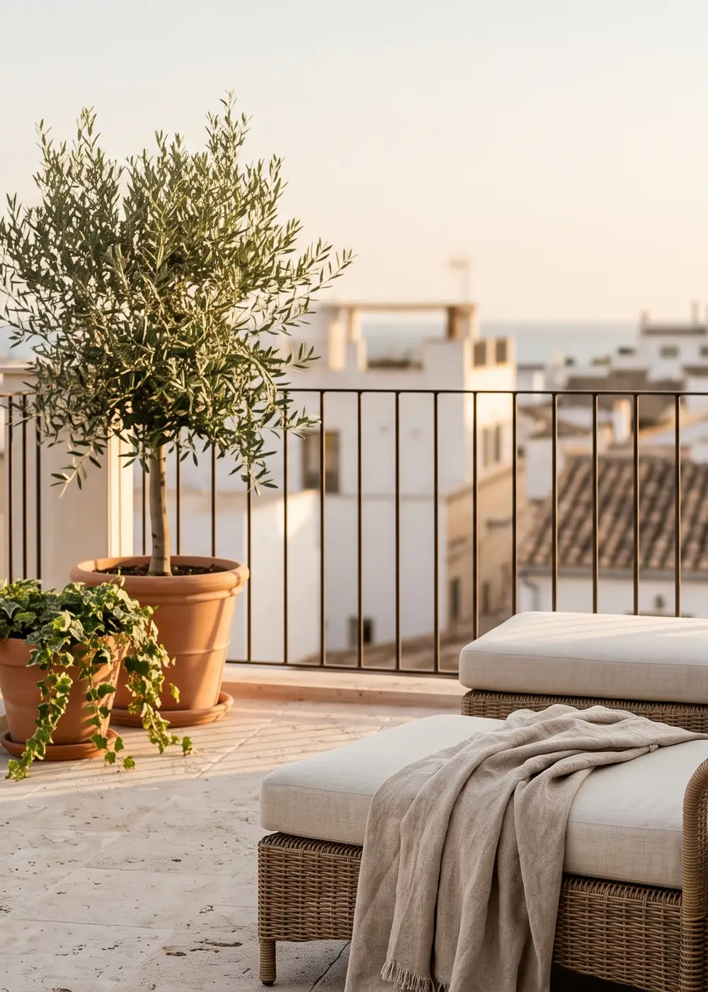 Terraza de ático mediterráneo al atardecer, lista para vivir