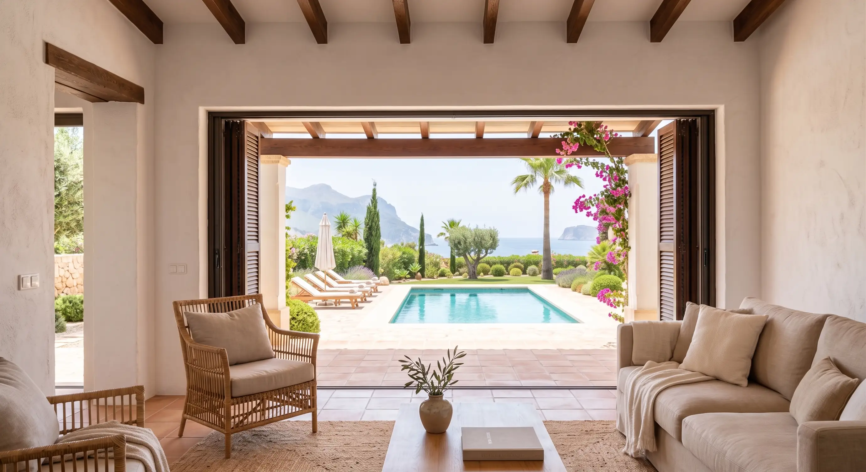 Salón de una villa mediterránea con vistas a la piscina y al mar