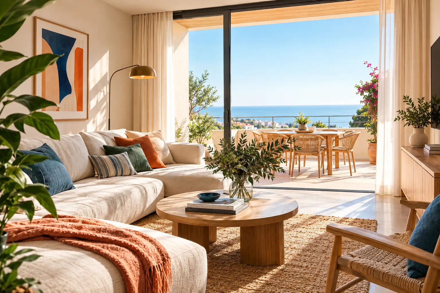 Terraza de un piso moderno con vistas al mar, lista para alquilar