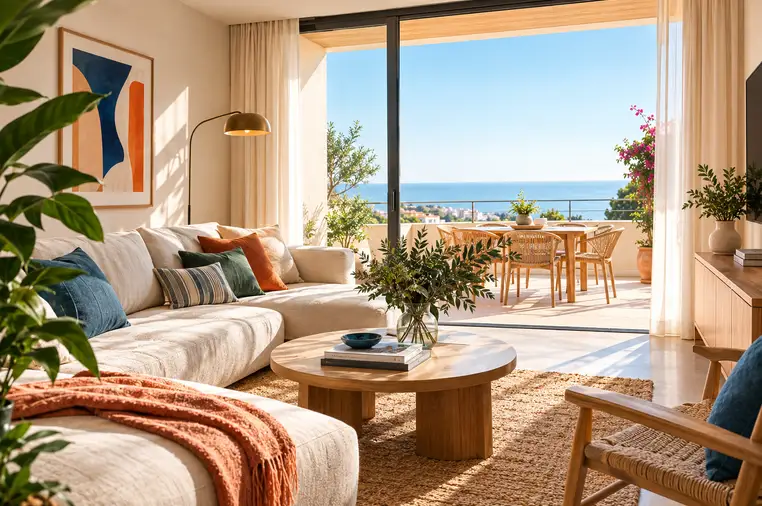 Salón con terraza y vistas al mar, decoración cálida y natural