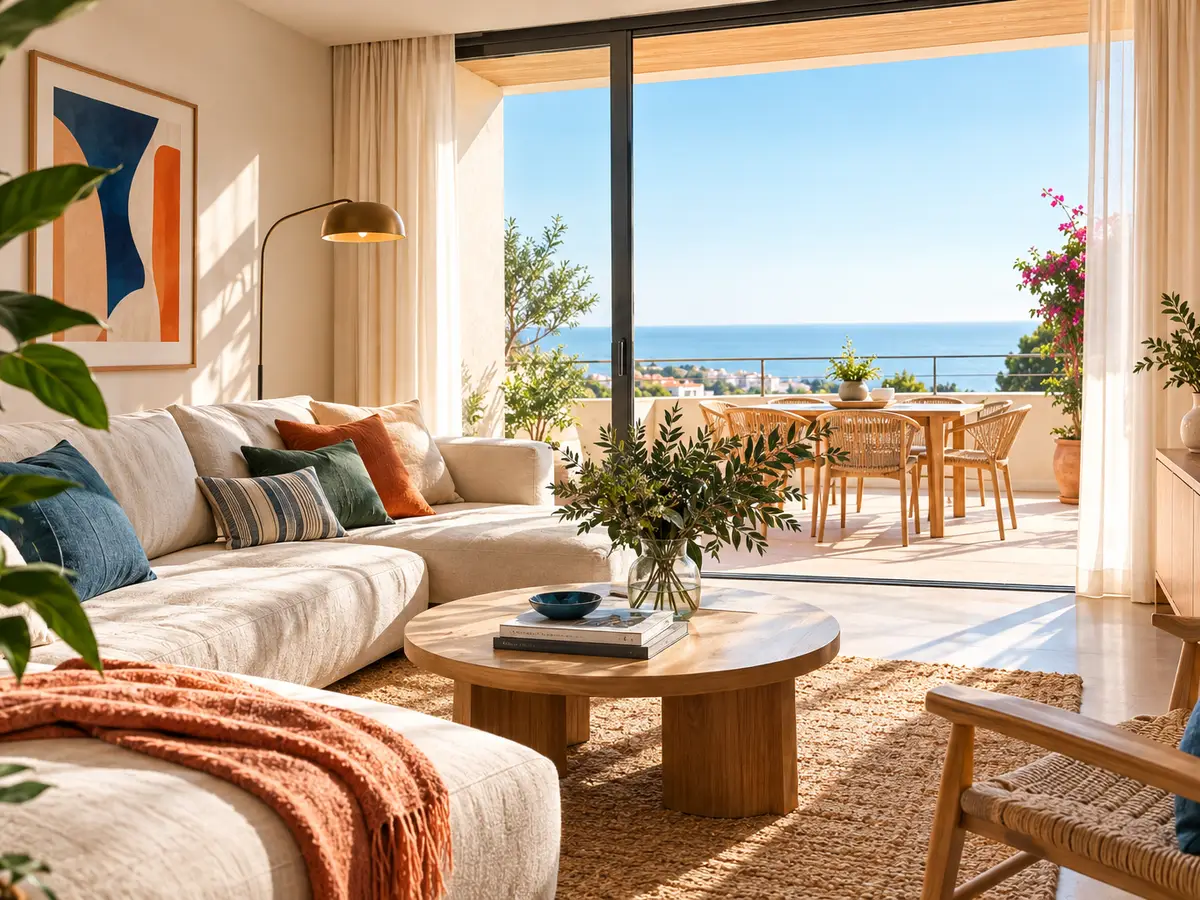 Salón con terraza y vistas al mar, decoración cálida y natural