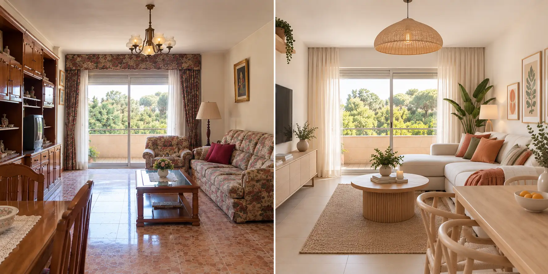 Antes y después de un salón reformado, de estilo anticuado a moderno y luminoso