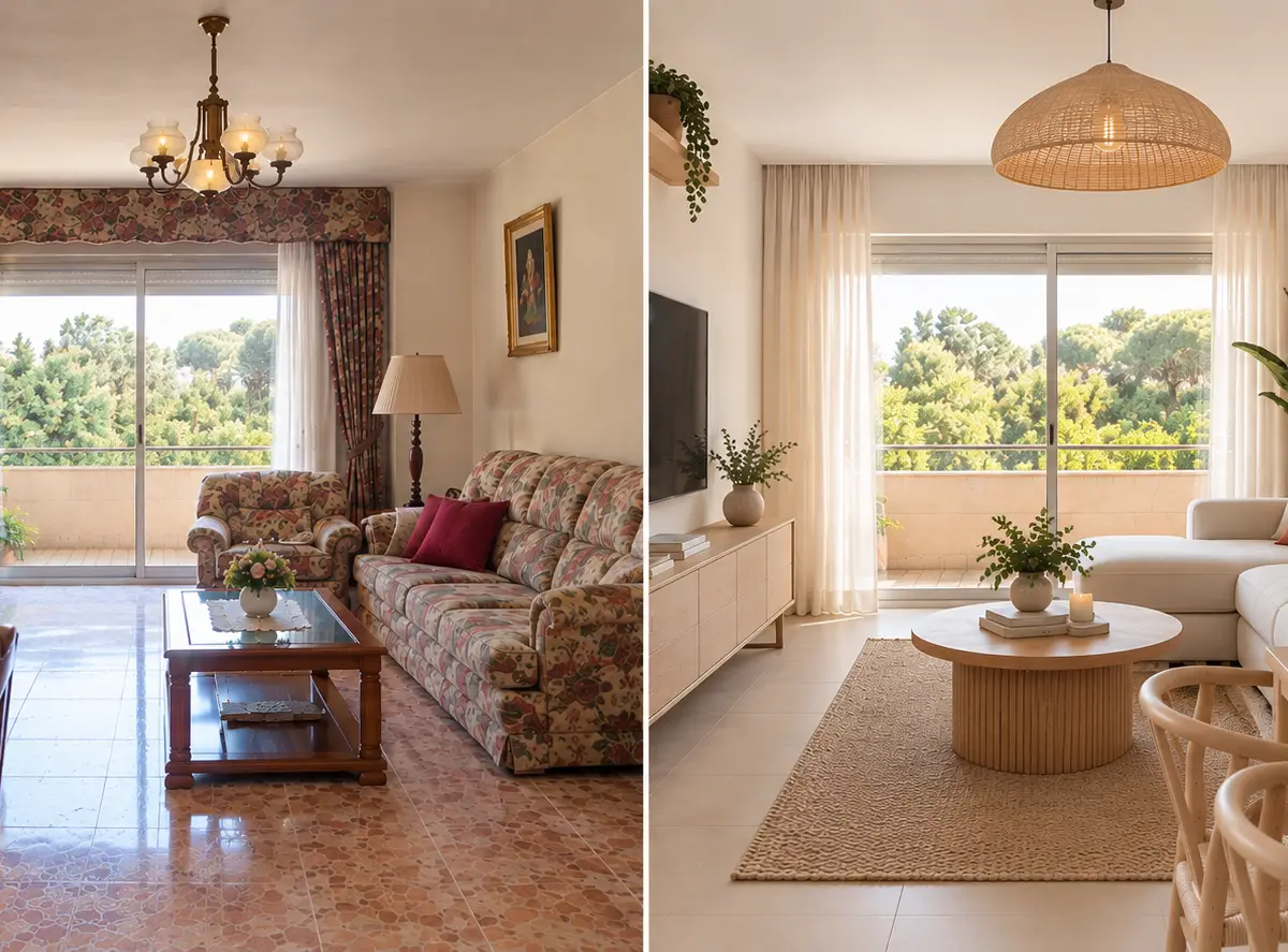 Antes y después de un salón reformado, de estilo anticuado a moderno y luminoso