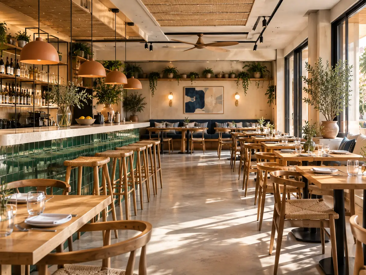 Interior de un restaurante con barra de azulejo verde y mesas de madera